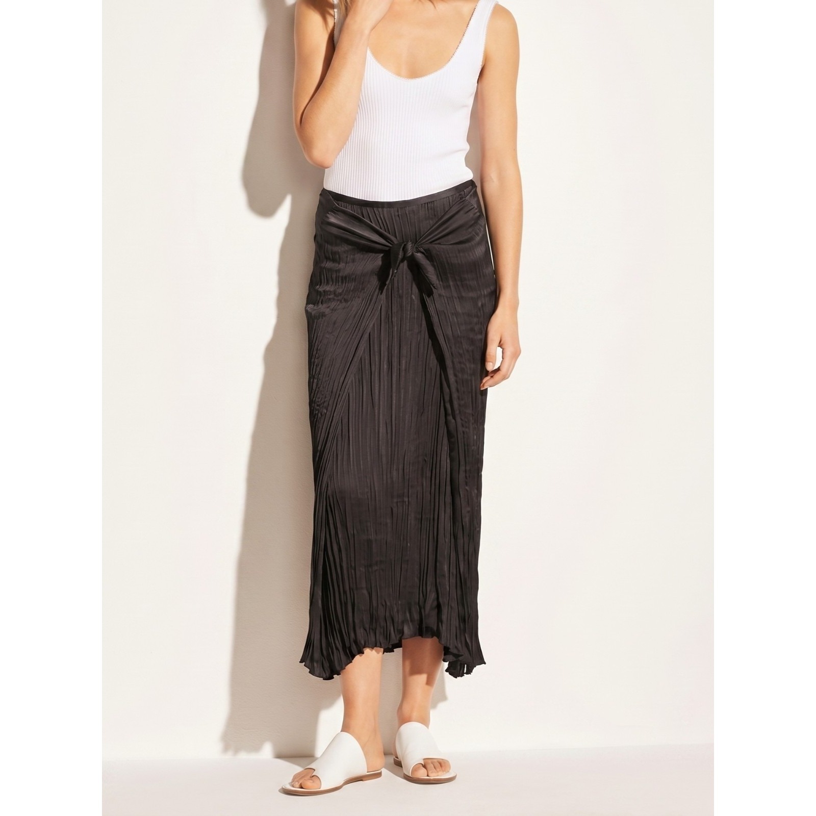 Vince Pleated Tie Front Midi Skirt Black Plisse Twill Nwt Xs S L $285